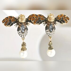 Gold Tone Plated Pearl and Rhinestones Bee Dangle Drop Earrings